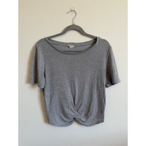 Aeropostale Womens Medium Grey Ribbed Knit Front Knot Crop Top Short Sleeve